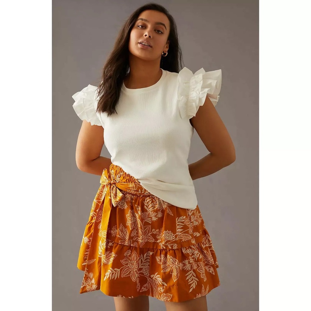 By Anthropologie Ruffle Sleeve Ribbed Top White‎